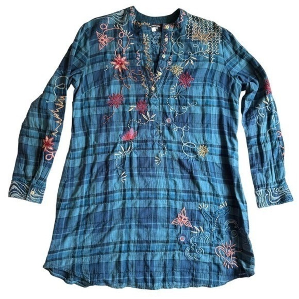 Johnny Was‎ Workshop Blue Plaid Embroidered Tunic Shirt Womens XS